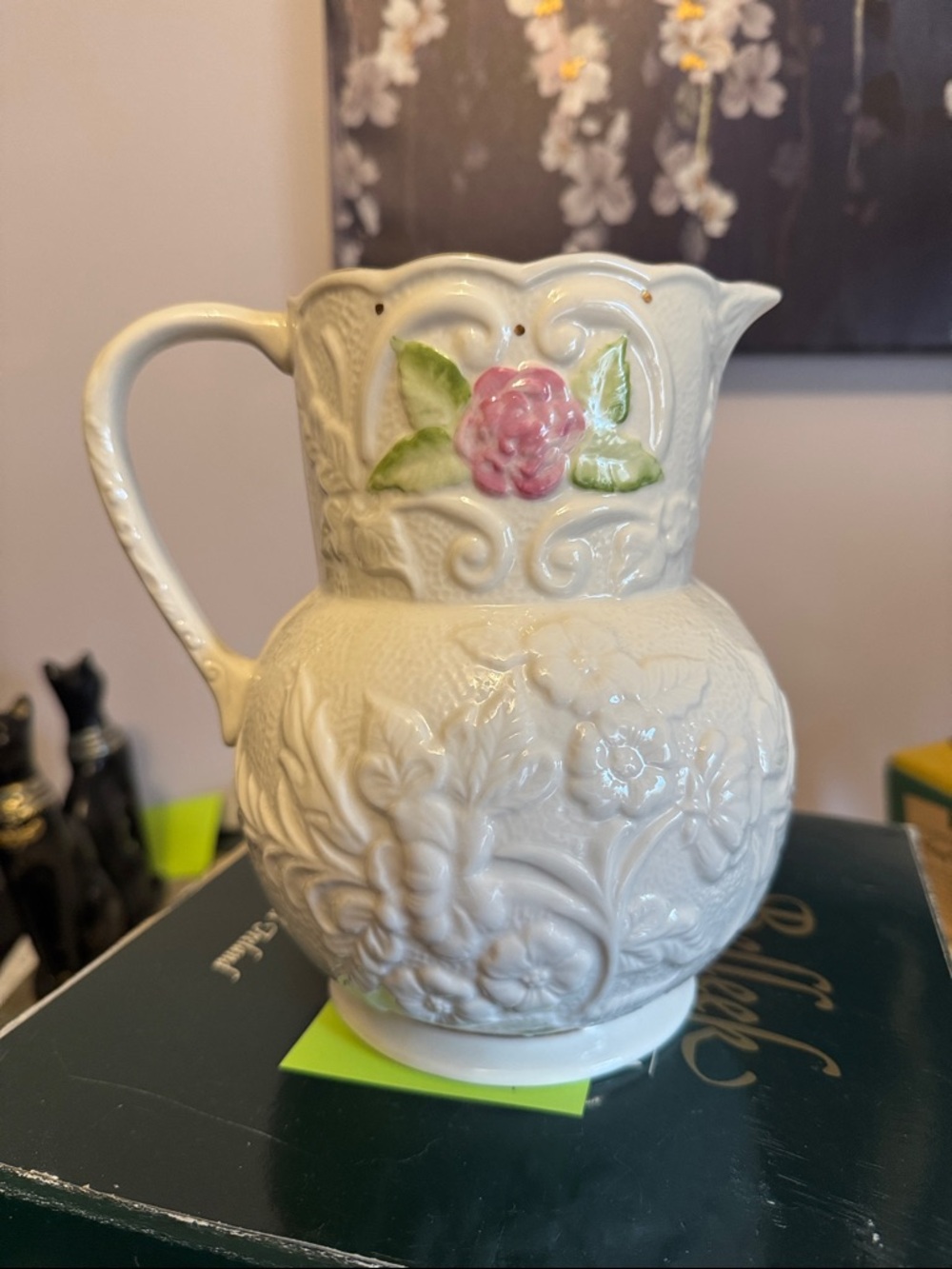 Belleek 2005 11th Anniversary Embossed Rose + Gold Trim Pitcher